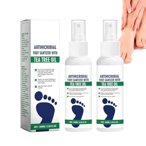 2 aerosoles para pies con aceite de árbol de té, olor antimicrobiano, fórmula natural, cuidado de talones agrietados, frescura duradera y protección contra hongos para pies, zapatos y calcetines.