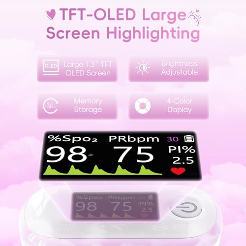 Image of Alecaremed Pulse Oximeter, 4 Color OLED Display Oxygen Monitor Fingertip with 20 x Memory, Blood Oxygen Saturation Monitor (SpO2), Alarm & Brightness Adjustable, Batteries & Lanyard (Pink)
