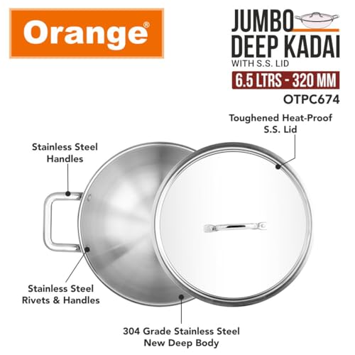 Image of Orange Triply Jumbo Stainless Steel Deep Kadai with Steel Lid (S.S. Lid) 6.5 LTR, 32cm Diameter | Induction Friendly | Heavy Bottom with Cool Touch Handle | 2.5mm Thickness | 5Year Warranty