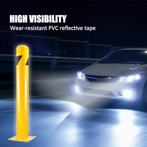 Bollards Post, Steel Safety Bollard with 4 Anchor Bolts，36" x 4.5" Parking Barrier Post with Reflective Tape for Traffic Control Driveway Barrier Parking Pole Garage(36inch 1PCS)