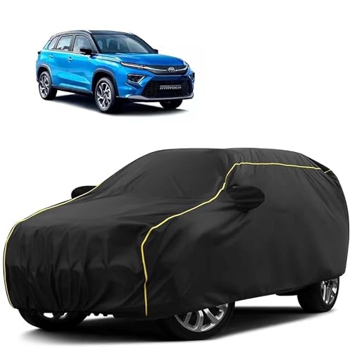Image of Sulfar 100% Water Resistant Car Body Cover Compatible with Mirror for Toyota Urban Cruiser Hyryder (Triple Stitched, Full Bottom Elastic, Black Tafetta with Yellow Piping)