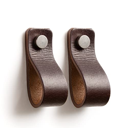 LA CHUECA POLO TIRADOR de Cuero para Mueble Armario PREMIUM (2 Pcs) (Vacuno Genuino argentino) + Original FÁCIL Montaje »» (Medium, Chocolate Brown)