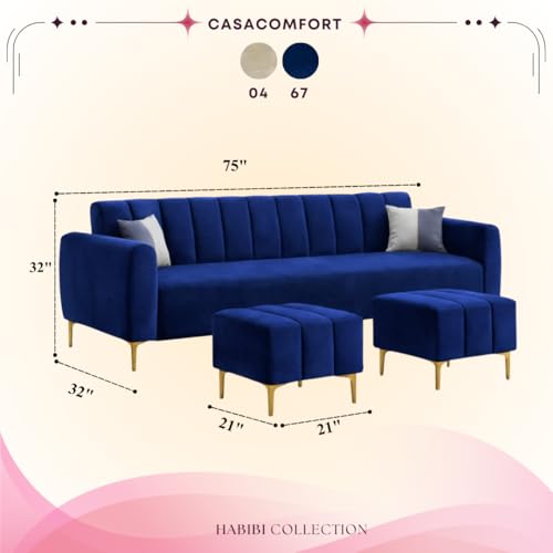 Image of Habibi 5 Seater L Shape Sofa Set with 2 Movable Ottomans | Flexible Layout | Rich Velvet Suede Fabric | Silver Legs | Modern Sofa for Living Room (Dark Blue)