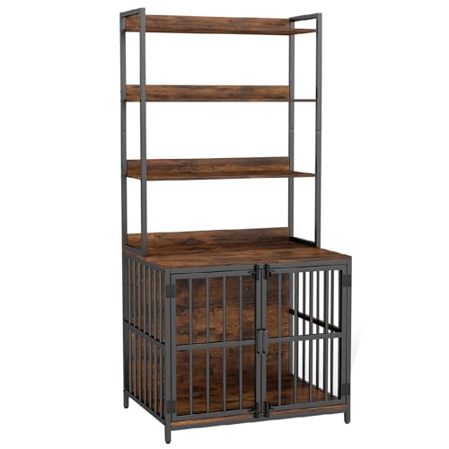 COSTWAY Dog Crate Furniture, Wooden Dog Cage with Storage Shelves, Lockable Doors, Indoor Pet Kennel Side Table Cabinet for Small & Medium Sized Dogs