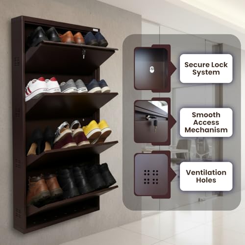 Image of TUFFERONE Shoe Rack 4 Door 3 Pair Metal Organizer Cabinet, Brown | Powder Coated, Durable, 147.2x73x14 cm