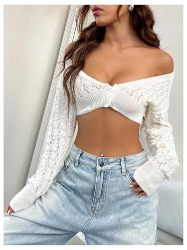 GORGLITTER Women's Crop Crochet Cardigan Button Down Long Sleeve Shrug Sweater3
