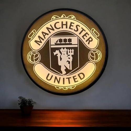 Image of PAINTINGMANTRA Manchester United Club Night Wall Lamp Painting with Premium Aluminium Metal Frame, Football Team Round Wall Painting with Warm White Night Lamp for Home & Office Decor (18x18 Inches)