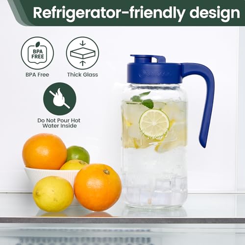Image of Mason Jar Pitcher, 2 pcs 64 oz (2 quart), Glass Pitcher with Lid | Airtight, Leak proof, Ergonomic Handle, Pour Spout Lid, Fridge Safe, for Sun Tea, Iced Tea, Cold Brew, Lemonade, Outside