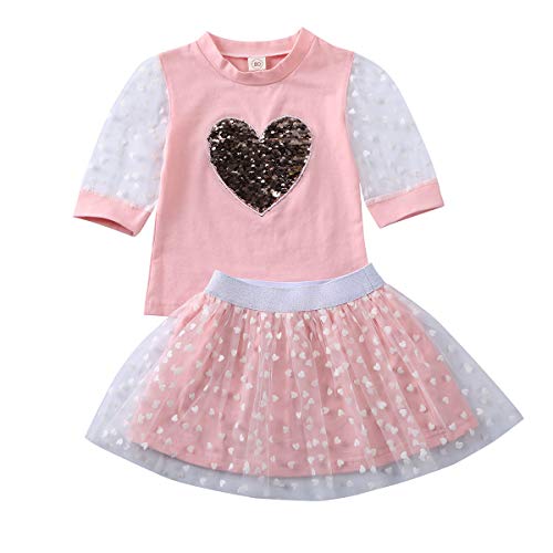 BriskyM Set di Vestiti Estivi Bambina t-Shirt Trasparente con Stampa a Cuore a Manica Corta con gonne Tutu in Rete Completi 2 Pezzi (Rosa, 18-24 Mesi)