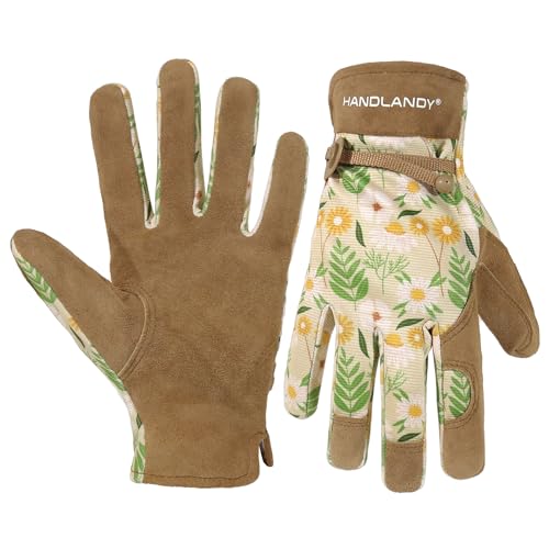 HANDLANDY Gardening Gloves for Women, Breathable Ladies Leather Garden Yard Gloves Best Gift for Gardeners Small (Pack of 1) Khaki-printing