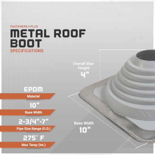 Image of Fasteners Plus #4 Square EPDM Metal Roof Pipe Flashing Boot | with Complete Install Kit (Fits 2-3 /4 inch - 7 inch Pipe OD), Gray