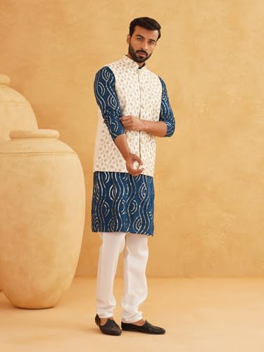 Image of SOJANYA (Since 1958 Men's Pure Cotton Teal Blue Kurta and White Pyjama with Beige Embroidery Nehru Jacket