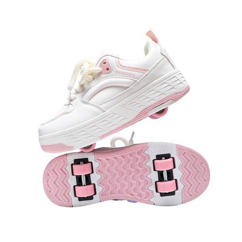Hixingo Zapatillas con Ruedas, Multifuncionales Zapatillas Patines, Resistente al Desgaste Calzado de Skateboarding Multifuncional 2 en 1 para Principiantes, Niños (Blanco Rosa,34)