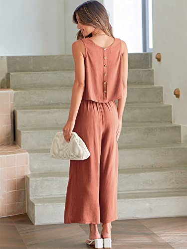 Image of ANRABESS Women's Summer 2 Piece Outfits Sleeveless Tank Crop Button Back Top Cropped Wide Leg Pants Set Pockets