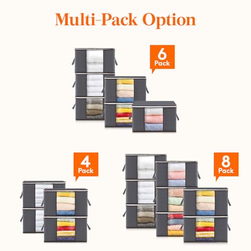 Lifewit 8 Pack Large Clothes Storage Bags Boxes with Lids, 75L Wardrobe Storage Organiser Packing Boxes for Moving House with Reinforced Handle Thick Fabric for Clothing Towel Blanket Bedding, Gray