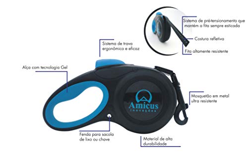 Guia Retrátil Star Flex Tamanho M,Preto e Azul Amicus para Cães, Médio, Preto e Azul
