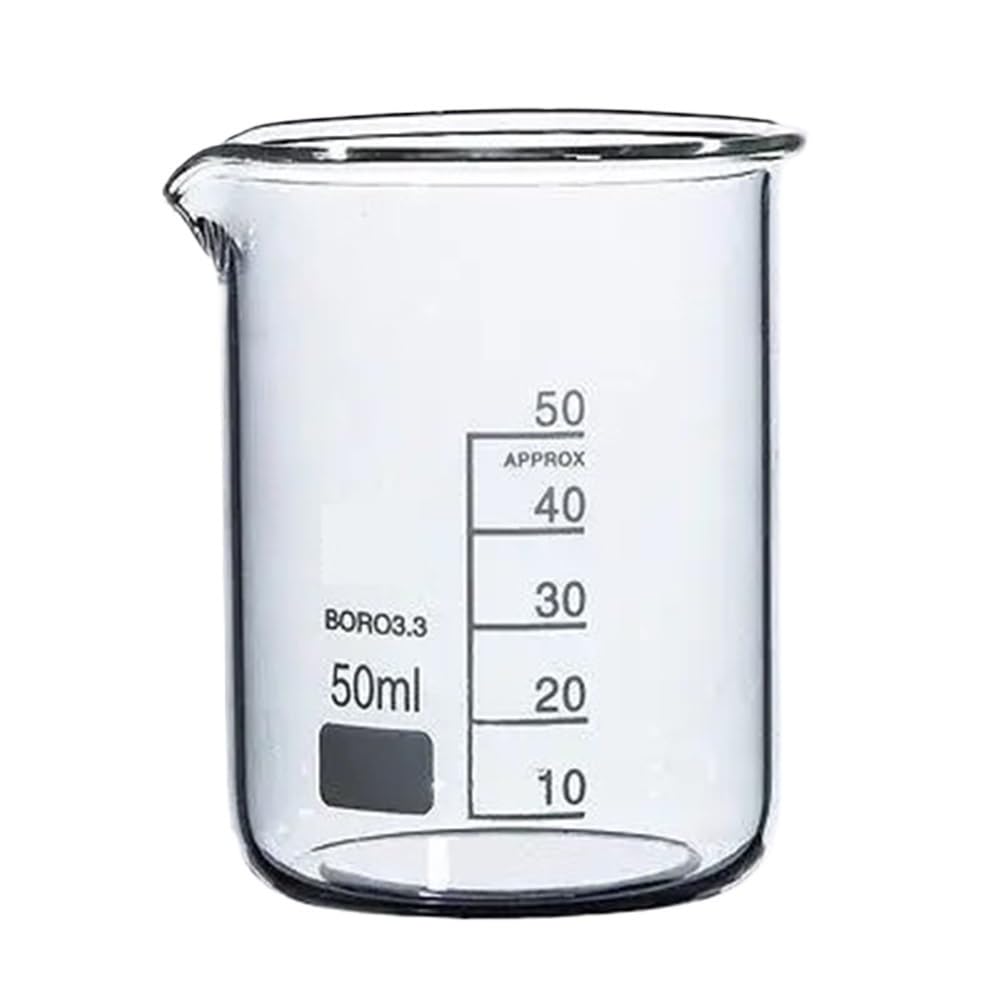 Vaso de precipitados de Vidrio de 50 ml con Pico, Vaso de precipitados de borosilicato de Forma Baja, Vaso medidor de Vidrio Espesado para Laboratorio (1 Unidad)
