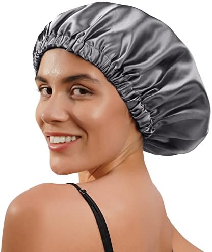 Satin Bonnet Sleep Bonnet Cap - Extra Large, Double Layer, Reversible, Adjustable Satin Cap for Sleeping Hair Bonnet(Large,Dark Grey)