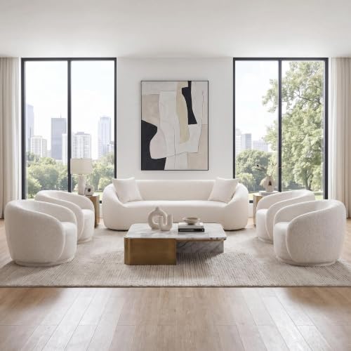 Image of 5 Piece Curved Sofa Set for Living Room, 93 inch Organic Modern Boucle Couch with 4 Swivel Barrel Chairs, Deep Seat Cloud Comfort Conversation Seating Furniture for Open Concept Spaces,Home Office