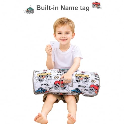 Image of Viviland Toddler Nap Mat with Pillow and Minky Blanket,Rolled Large Sleeping Mat for Boys, Kids Slumber Bag Nap Mat for Preschool, Daycare, Kindergarten, Travel Camping - Monster Truck