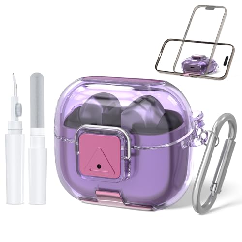 Secure Lock Cover for Galaxy Buds 3 Pro Case (2024) / Galaxy Buds 3 FE (2025) Soft TPU Shockproof Protective Case for Samsung Buds 3 Earbuds with Phone Stand/Cleaning Pen & Keychain (Clear Purple)