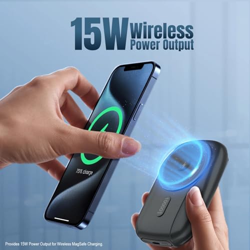 Image of Mobilla MPower Mag-3 Magsafe Wireless Powerbank | 10000mAh Battery | 15W Wireless Charging | 22.5W PD + QC 3.0 Output | In-Built Stand | LED Battery Display | Built-In Type-C & Lightning Cables (Grey)