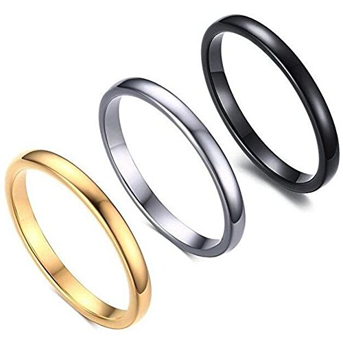 3 Pack, 2MM Thin Stainless Steel Stackable Wedding Band Enhancer Ring (Silver Gold Black, 10)