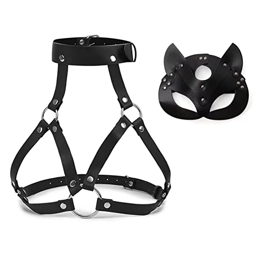 TUYMNI Punk Harness Damen Leder Body Brust Harness mit Fuchs Maske, Einstellbar Gothic Kleidung Damen Bondage Geschirre für Sex Fetisch,BDSM Spielzeug,Cosplay für Unterwäsche Clubwear