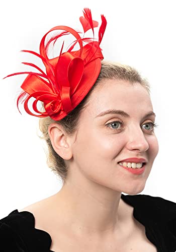 Felizhouse Fascinator Hats Hat Tea Party Feather Hair Clip Bridal Headpieces Ascot Headband For Women (Red) #TOP6