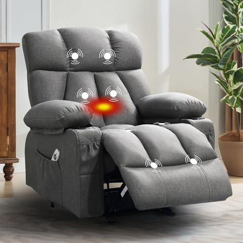 Bosmiller Elektrisch Relaxsessel mit Liegefunktion, Fernsehsessel mit Wärmefunktion, 2 Seitentaschen Getränkehalter, Aus Stoff TV-Sessel mit 360°-Drehung für Wohnzimmer,Grau