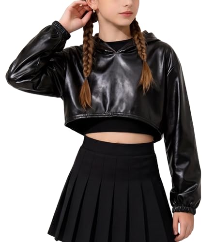 Image of NEAWEALY Girls Metallic Long Sleeve Sparkly Cropped Hoodie Pullover Sweatshirt Hip Hop Jazz Dance Crop Top Black 8-9 Years