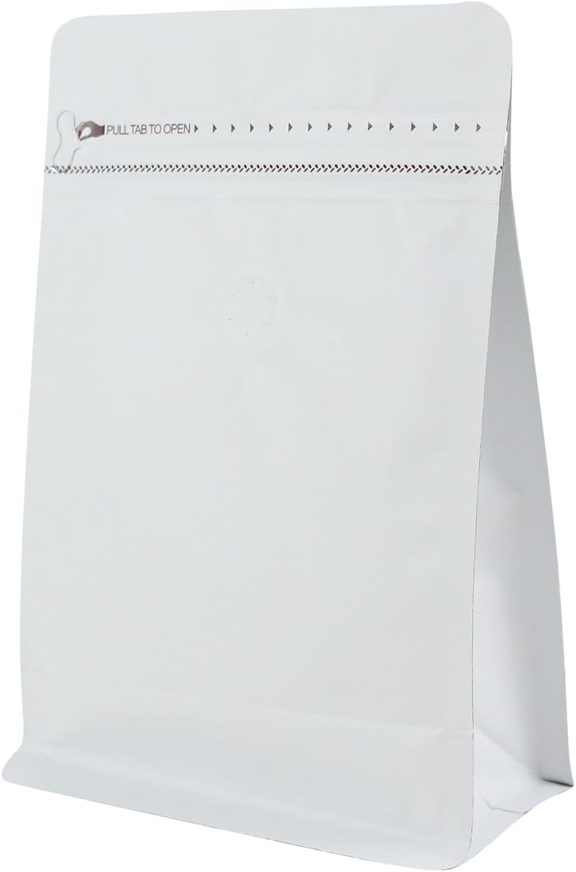 150 Pack High Barrier Stand-Up Coffee Bean Bags with Vented Valve, Matte Metallic, Heat-Sealable and Resealable Solid Color Pouches for Food Storage (6 * 12.8 inch,2 lb,32 oz,White)