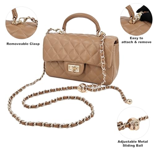 Image of M-ioi-M Small Quilted Crossbody Bag for Women, Genuine Leather Mini Shoulder Flap Purse with Gold Chain Strap & Top Handle