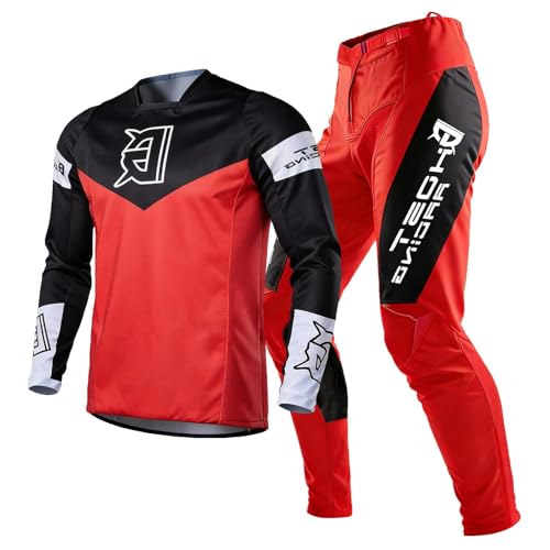 Image of SHUOJIA Motocross Jersey Pant Combo MX Gear Set Mens Women Dirt Bike Gear Set Suit Enduro Ride Racewear Offroad Adult Riding (Red,L)
