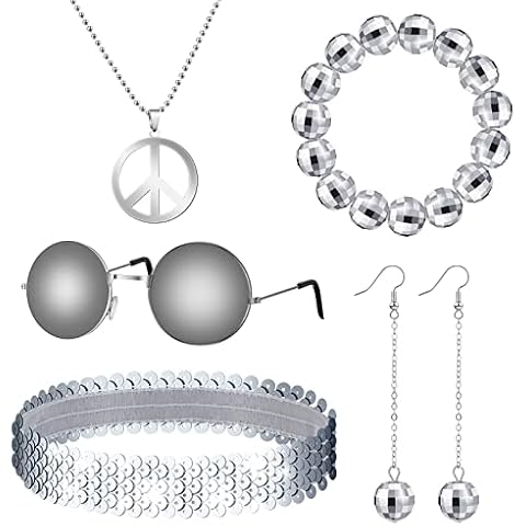 6 Pieces 1970s Disco Accessories Disco Set Ball Earrings Necklace Bracelet Headband Sunglasses Hippie Party 80s Costumes for Women Halloween Disco Outfit Disco Ball Jewelry Silver, Silver, One Size Cover