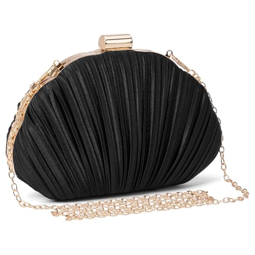 Image of RNIEGA Pleated Satin Seashell Evening Clutch Purse for Women Elegant Clutch Handbag Shoulder Bag with Chain for Wedding
