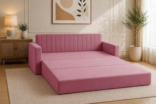 Image of Velvet Three-Seater Sofa Cum Bed with Armrest, Convertible Sleeper Couch Sofa for Living Room, Bedroom & Office- Rose Pink Color