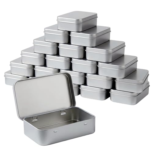 Image of 20-Pack Metal Tin Box with Lid, 3.7 inch x 2.4 inch x 0.8 inch Silver Rectangular Hinged Tin Container Set, Small Metal Tins Empty Case for Crafts, Beads, Mint Tins, Geocache, Salve, DIY Candles