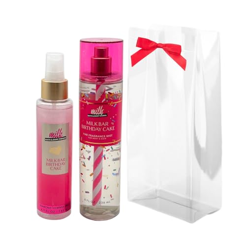 Bath & Body Works MILK BAR BIRTHDAY CAKE Fine Fragrance Mist & Diamond Shimmer Mist 2pc bundle with a Red Bow for Holidays & Gifts