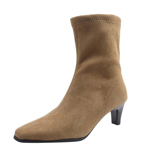 Generisch Botas de pantorrilla para mujer, color negro, botas de encaje para mujer, tacones altos con tacón de aguja medio monocolor, zapatos casuales, botines cortos de invierno, caqui, 36 EU