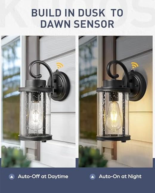 kudos Dusk to Dawn Outdoor Lighting, 12.5 inch Porch Lights Outdoor, Anti-Rust Waterproof Cylinder Wall Light for Patio, Garage, Black with Seeded Glass, KDOWL01-BK-LC
