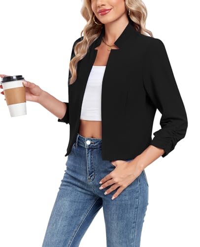 MINTLIMIT Cropped Blazers for Women 3/4 Ruched Sleeve Notched Collar Open Front Cardigan Business Casual Blazer Jackets4