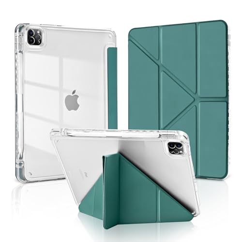 MuyDoux Funda Origami para iPad Pro 11 Pulgadas 4ª 3ª 2ª 1ª Generación 2022/2021/2020/2018 con Portalápiz, Soporte Vertical y Horizontal, Carcasa Trasera Transparente Clara Antigolpes, Verde Pino
