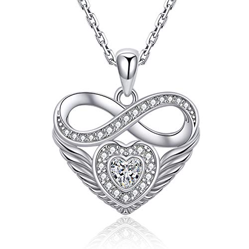 EJALEN Infinity Love Heart Necklace - 925 Sterling Silver Angel Wing Heart Pendant with Heart-Shaped Cubic Zirconia for Women and Girlfriends Valentine's Day, Anniversary and Birthday Jewelry Gifts.