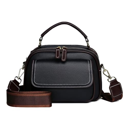 Double Fusion Double-Layer Shoulder Bag with Wide Strap Leather Shoulder Bag for Women Classic Luxury Crossbody Bags(Black)