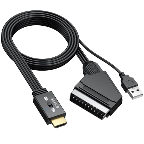 eSynic Convertidor SCART a HDMI 1080P, Conversor Euroconector a HDMI con Cable SCART Integrado 1.5m & Selector 4:3/16:9, Compatible para VCR/DVD/VHS