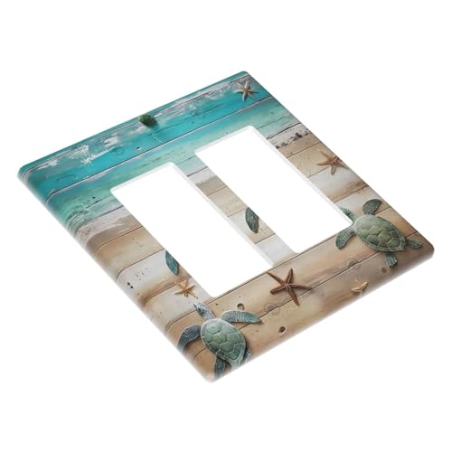 Decorative Outlet Covers Turtle Starfish Beaches Blue Wood Plank 2 Gang Wall Plate Double Rocker Two Switch Wall Cover Plate Jumbo Dual Gfci Faceplate for Bathroom Decor