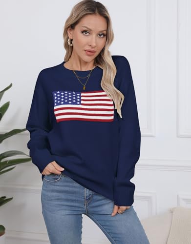 Image of Women's American Flag Sweater Long Sleeve Pullover Crew Neck Knit Tops