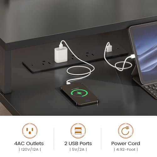 SEDETA 75'' Computer Desk with 5 Drawer, Power Outlet & Led Lights, Home Office Desk with File Drawer, Storage Shelves, Printer Cabinet and Monitor Shelf, 23.6" W Large Desktop Gaming Desk, Black