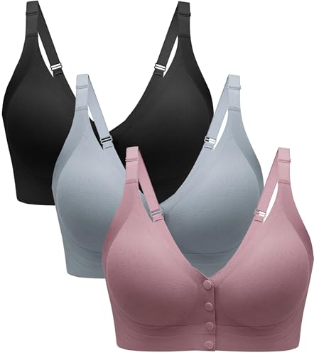 Angelhood Wireless Front Closure Bras for Women, No Underwire Push Up Bra, Snap Closing Padded Bralette for Older Women, Compression Mastectomy Bras with Adjustable Straps